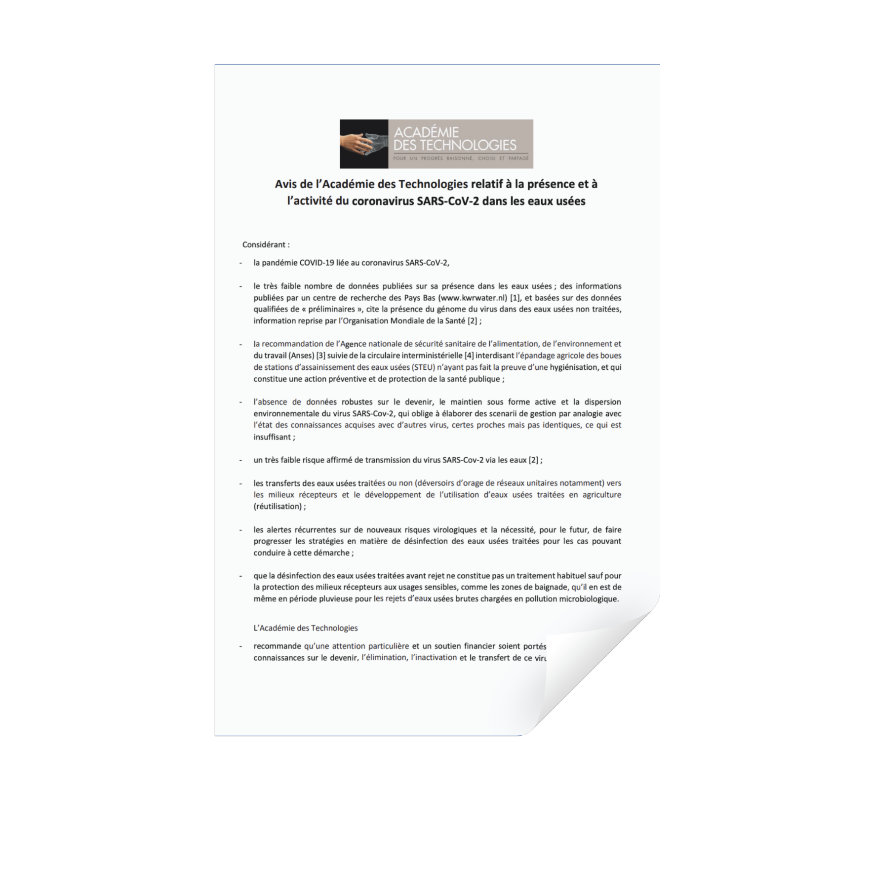 Avis de l’Académie des technologies relatif à la présence et à l’activité du coronavirus SARS-CoV-2 dans les eaux usées